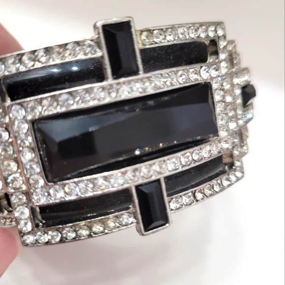 Statement Black & Silver Rhinestone Cuff Bracelet  Art Deco Glam - Picture 3 of 9